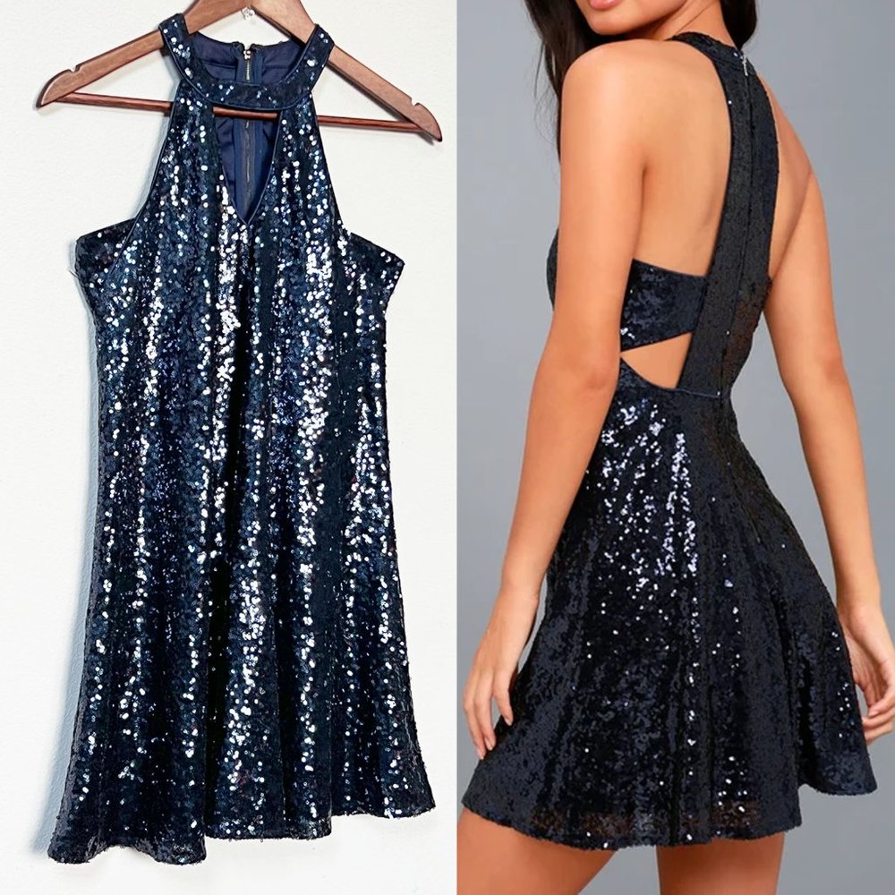 Lulu's Grandeur Navy Blue Sequin Cutout Swing Dress M Sparkly Bling Party $65 - Picture 15 of 16